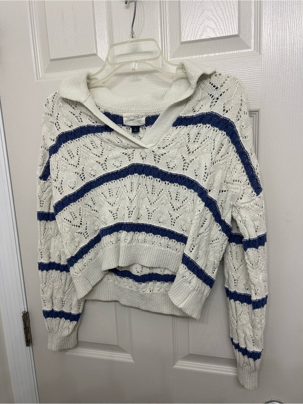 Universal Thread Cream Open-Knit Turtleneck Sweater with Navy Stripes